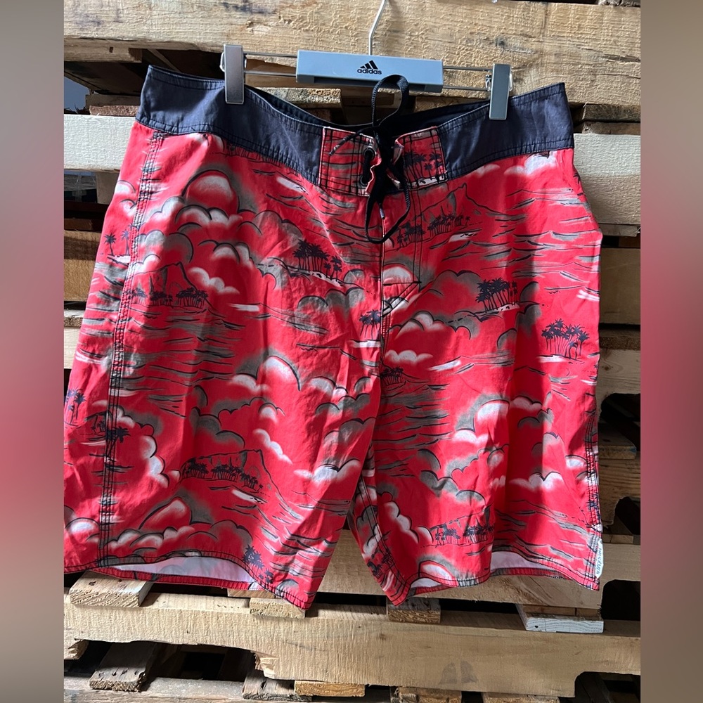 Quicksilver board shirts , sz 36. Hawaiian motif. Persimmon color